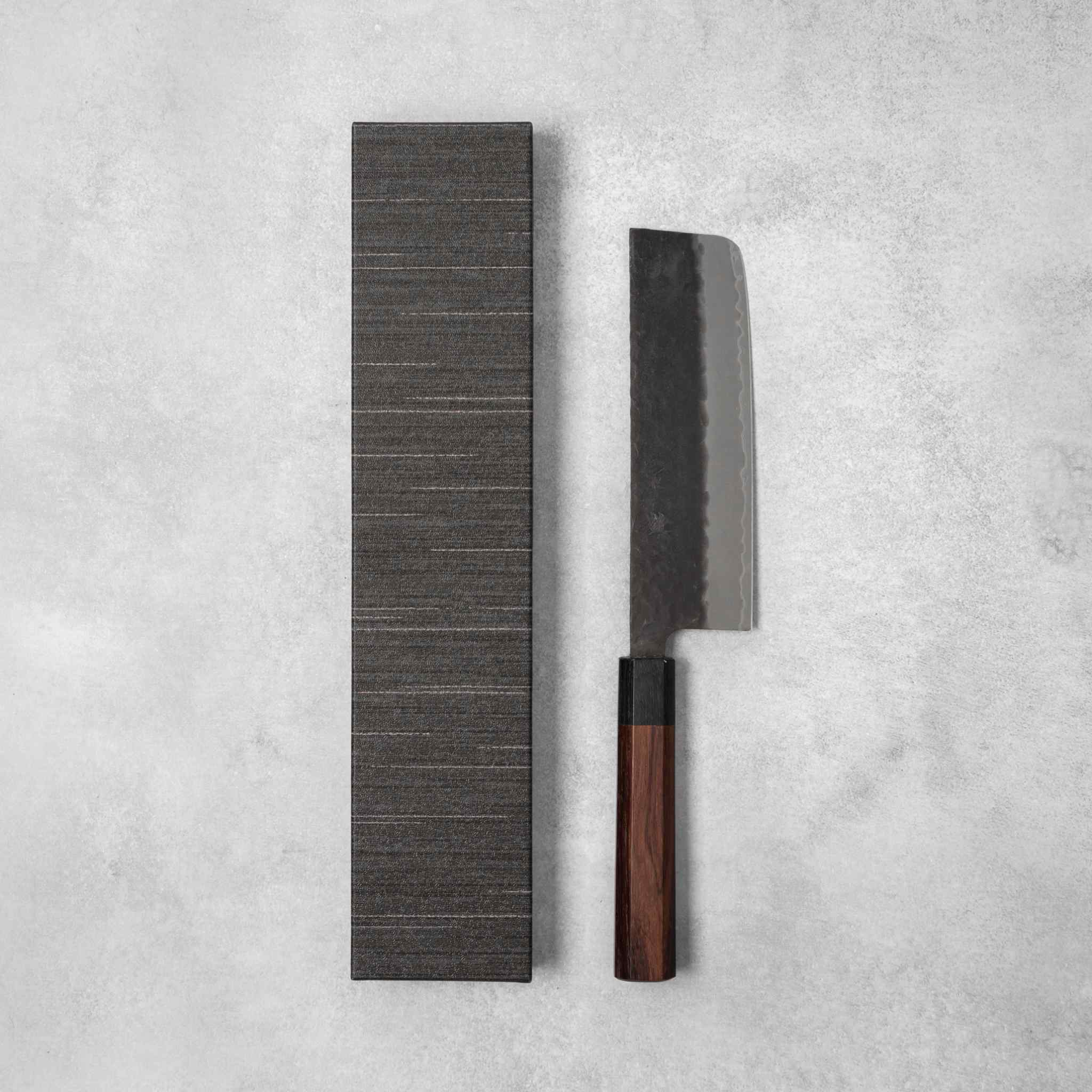 Ishizuchi Blue Super Steel Kurohada Tsuchime Nakiri Knife Rosewood Handle - Image 6