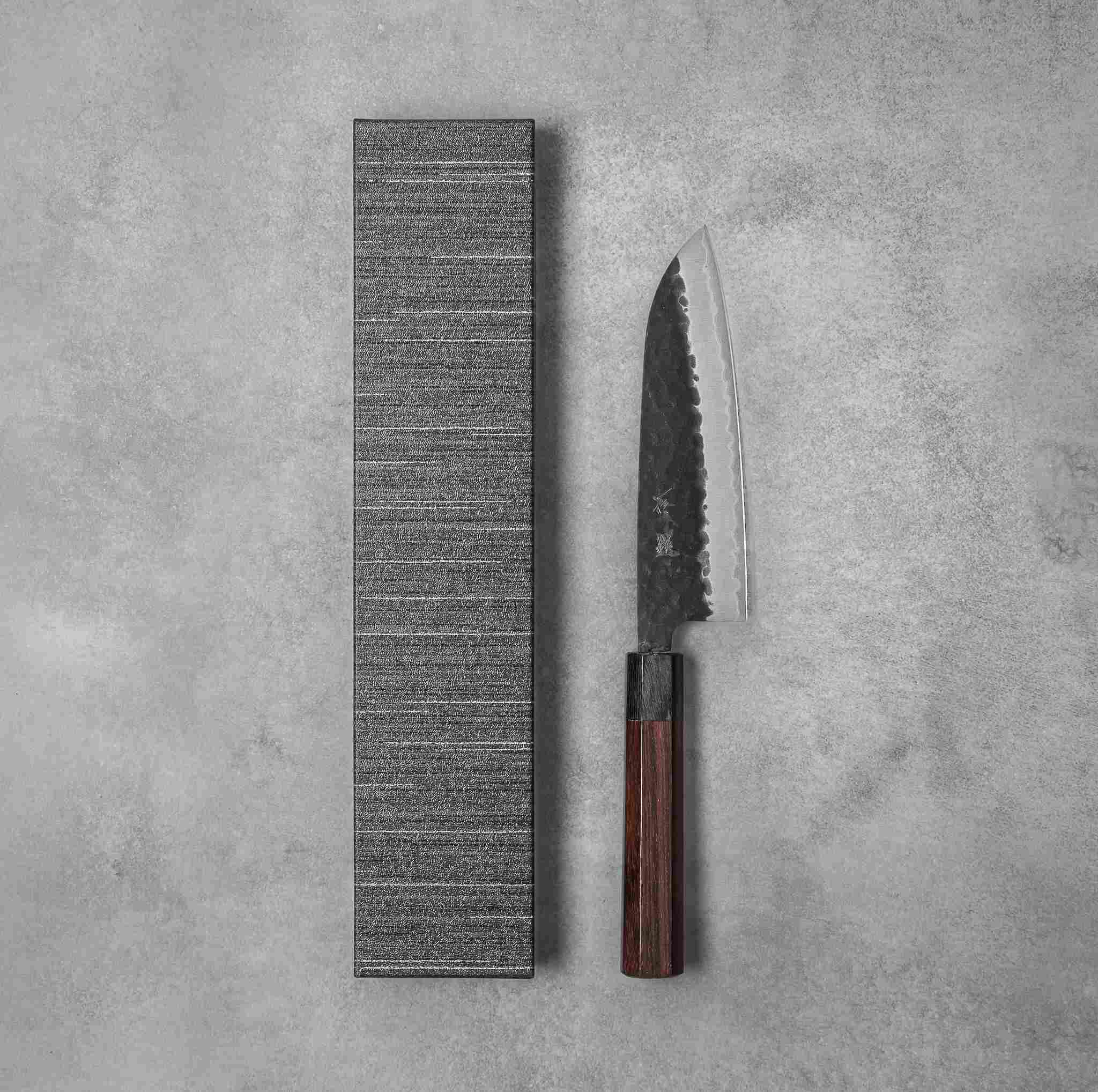 Ishizuchi Blue Super Steel Kurohada Tsuchime Santoku Knife Rosewood Handle - Image 6